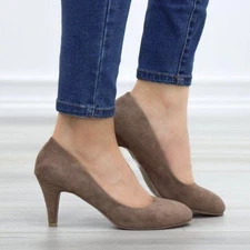 Taupe Suede Pumps Closed Toe Slip-On Medium Heel Classic Style