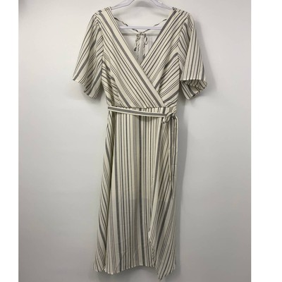Three Pink Hearts Womens White Black Striped Vneck Belted Dress NEW Medium