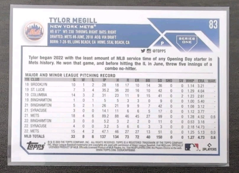 Tylor Megill #83 2023 Topps Series One Baseball New York Mets Base Card - Image 2 of 3