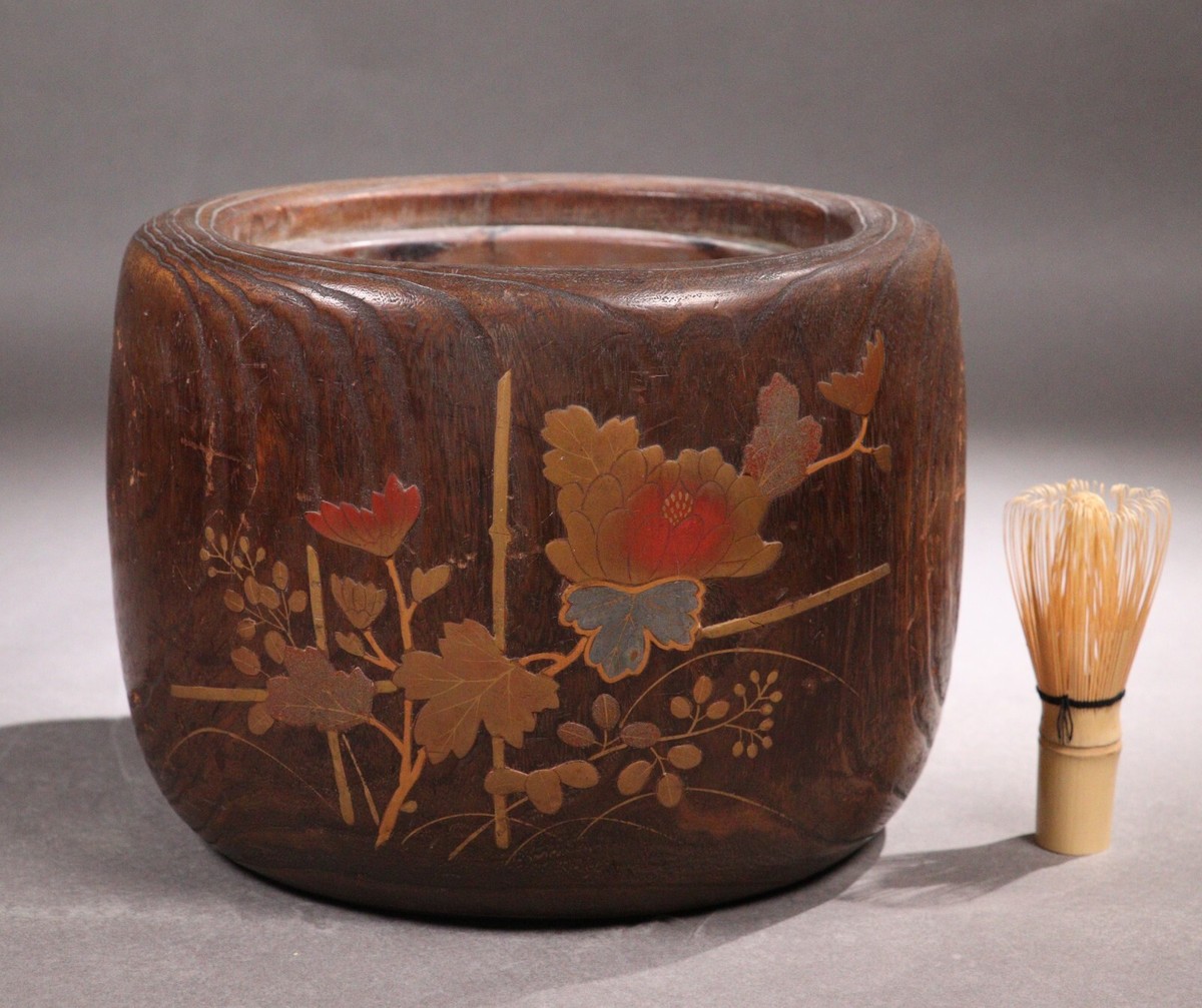 Vintage Japanese Wooden Charcoal Brazier Hibachi Flowers Pattern