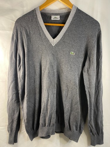 Lacoste Sweater Men’s Large Grey Hem & Cuff Knit V Neck Alligator Logo Pullover - Picture 2 of 12