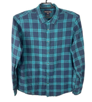 Michael Kors Men's XL Shirt Button Up Linen Blend LS Navy Teal Plaid EUC