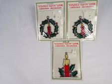 3 Vintage Stained Glass Look Christmas Ornaments Wreath Candle, Candle Holly K22