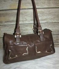 Via Spiga Brown Goat Nappa Leather Buckle Accent Purse Shoulder Bag Tote