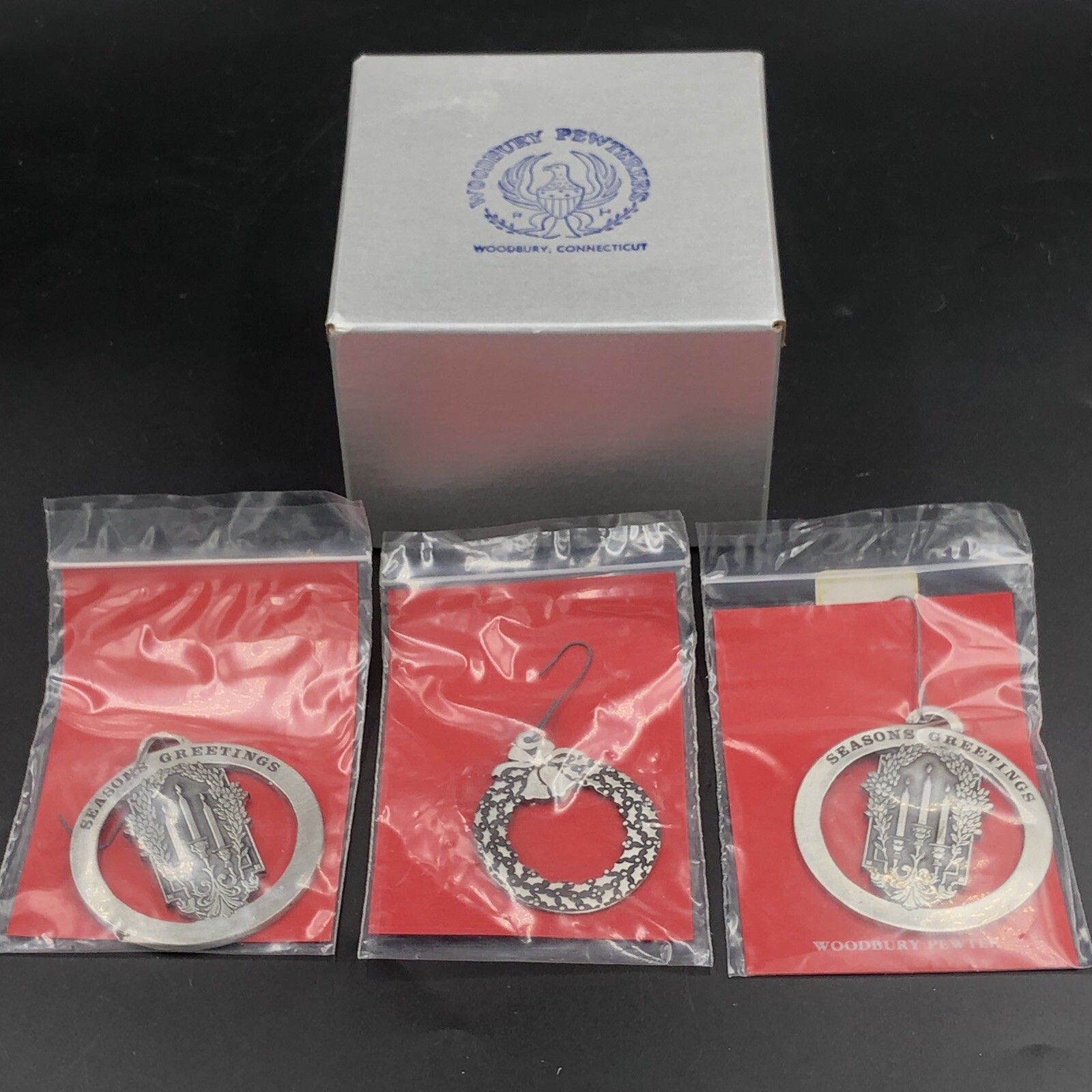 Lot Of 3 Woodbury Pewter Christmas Ornaments Wreath Seasons Greetings