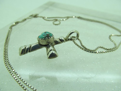 Signed C Sterling Silver TURQUOISE NATIVE AMERICAN DESIGN CROSS necklace 20" - Picture 3 of 9