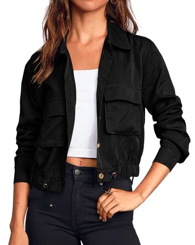 New Ladies Lapel Top Solid Color Short Jacket Single Breasted Long Sleeve Jacket - Picture 9 of 22