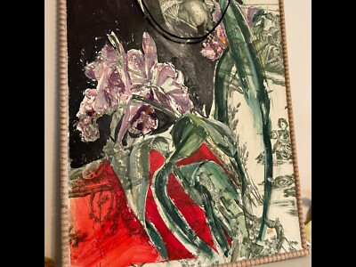 Original Watercolor Iris Painting /French Toile Wallpaper, Masonite 18.5x15''