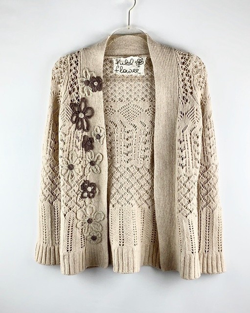 FIELD FLOWER Beige Ivory Floral Lambswool Pointelle Knit Cardigan