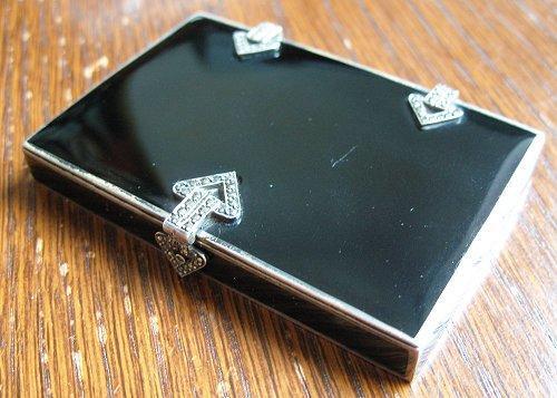 Art-Deco Tabatiere Sterling (925) Silber Emaille Markasiten Dose schwarz Pillen - Bild 1 von 6