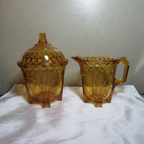 Adams Glass Antique EAPG Buttressed Loop Creamer and Covered Sugar Amber - Picture 5 of 24
