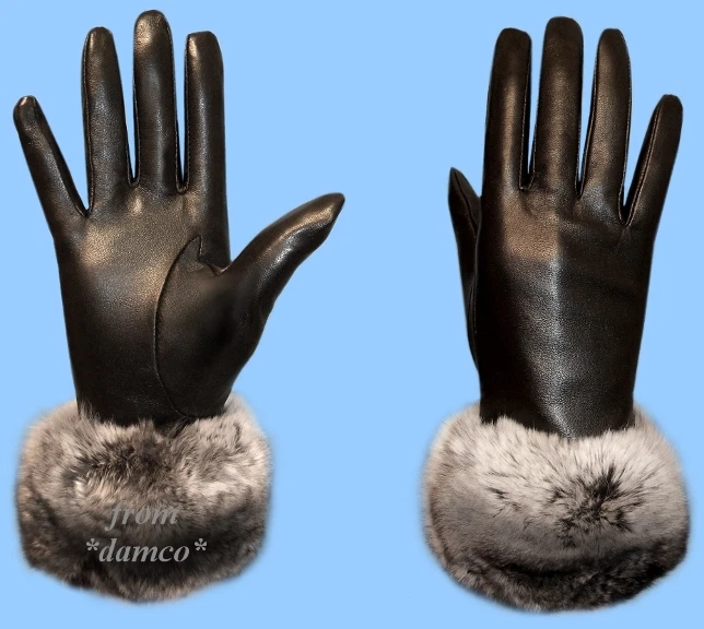 NEW WOMENS size 8 BLACK LEATHER GLOVES with GENUINE CHINCHILLA FUR TRIM