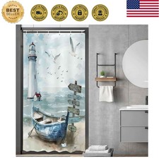 Nautical Coastal Shower Curtain, Ocean Beach Lighthouse Shower Curtain Set, S...