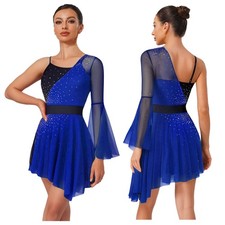 Women Dancewear Jazz Dress Irregular Hem Skirt Rumba One Piece Lyrical Shiny