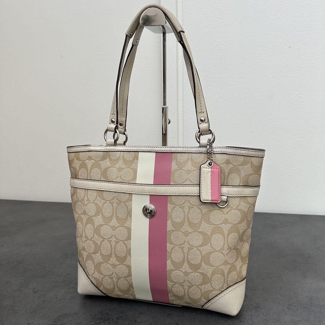 Coach Signature Heritage Stripe Tote in White, Pink & Beige - PVC Leather Bag
