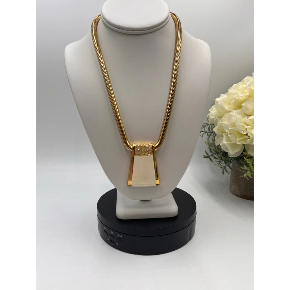 Rachel Zoe Designer Cream Enamel & Pave Crystal Pendant Gold Plated Necklace - Image 3 of 4