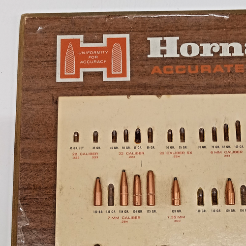 RARA INSEGNA RIVENDITORE HORNADY BULLETS GRAND ISLAND NEBRASKA ESPOSIZIONE 12,5"X18" VINTAGE - Foto 2 di 13