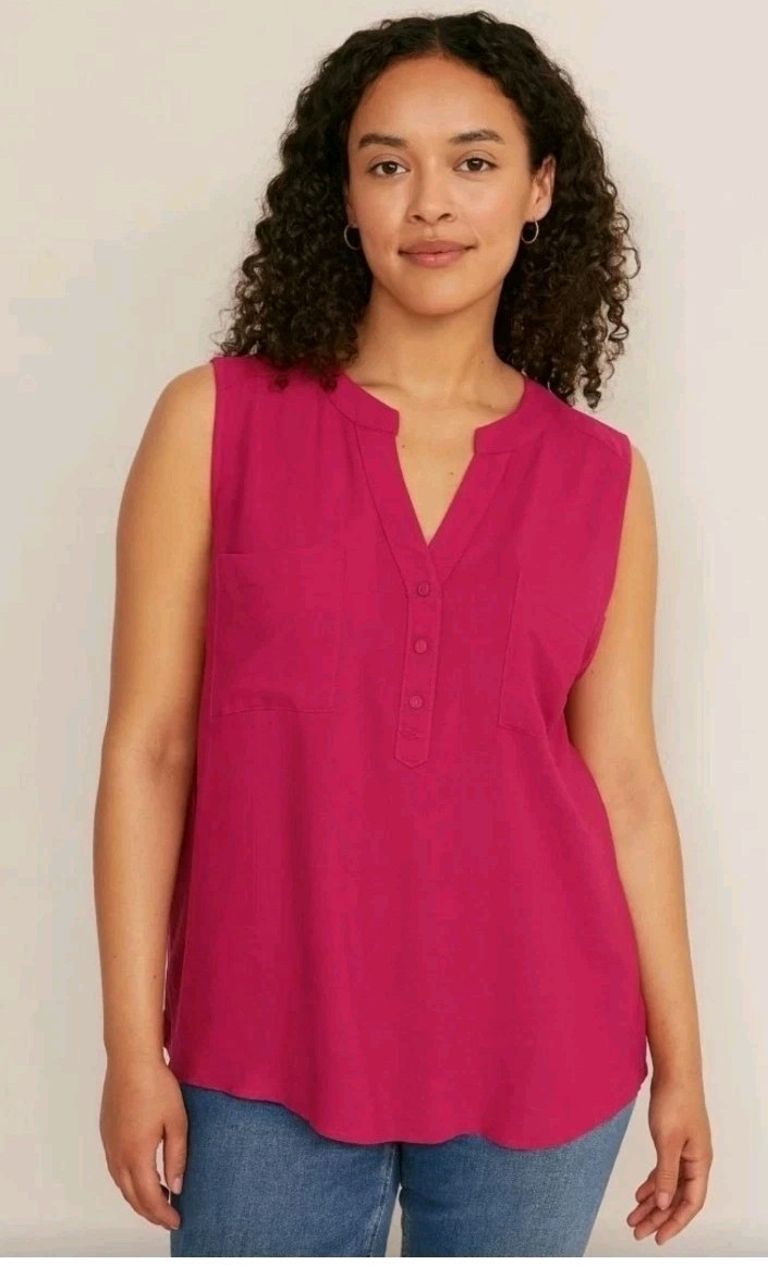 Torrid Women’s Pink Sleeveless Blouse Size 5 Rayon Linen Button Front Pockets