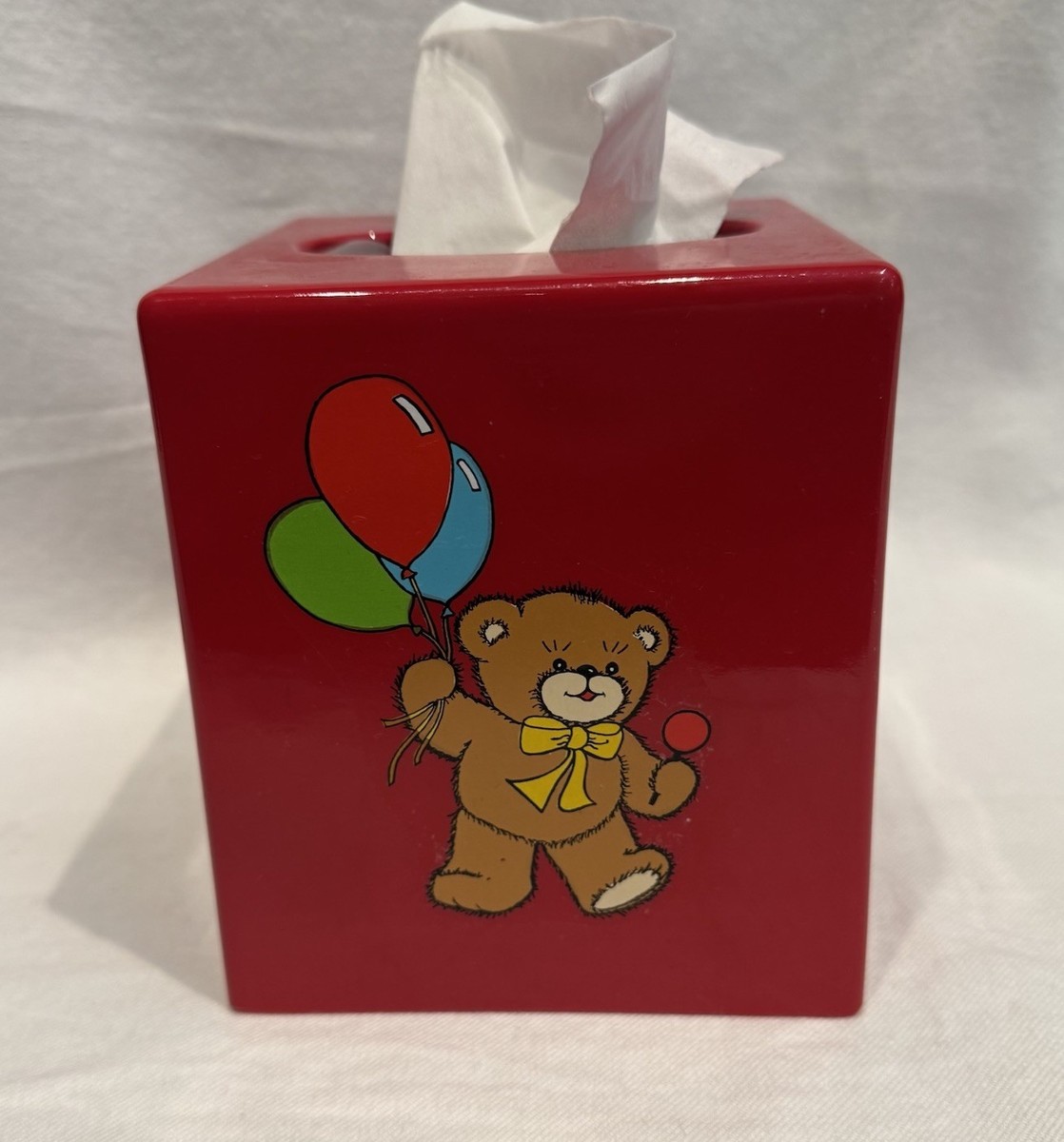 VTG Square Kleenex Tissue Box Cover Red Teddy Bear 80s Andre
