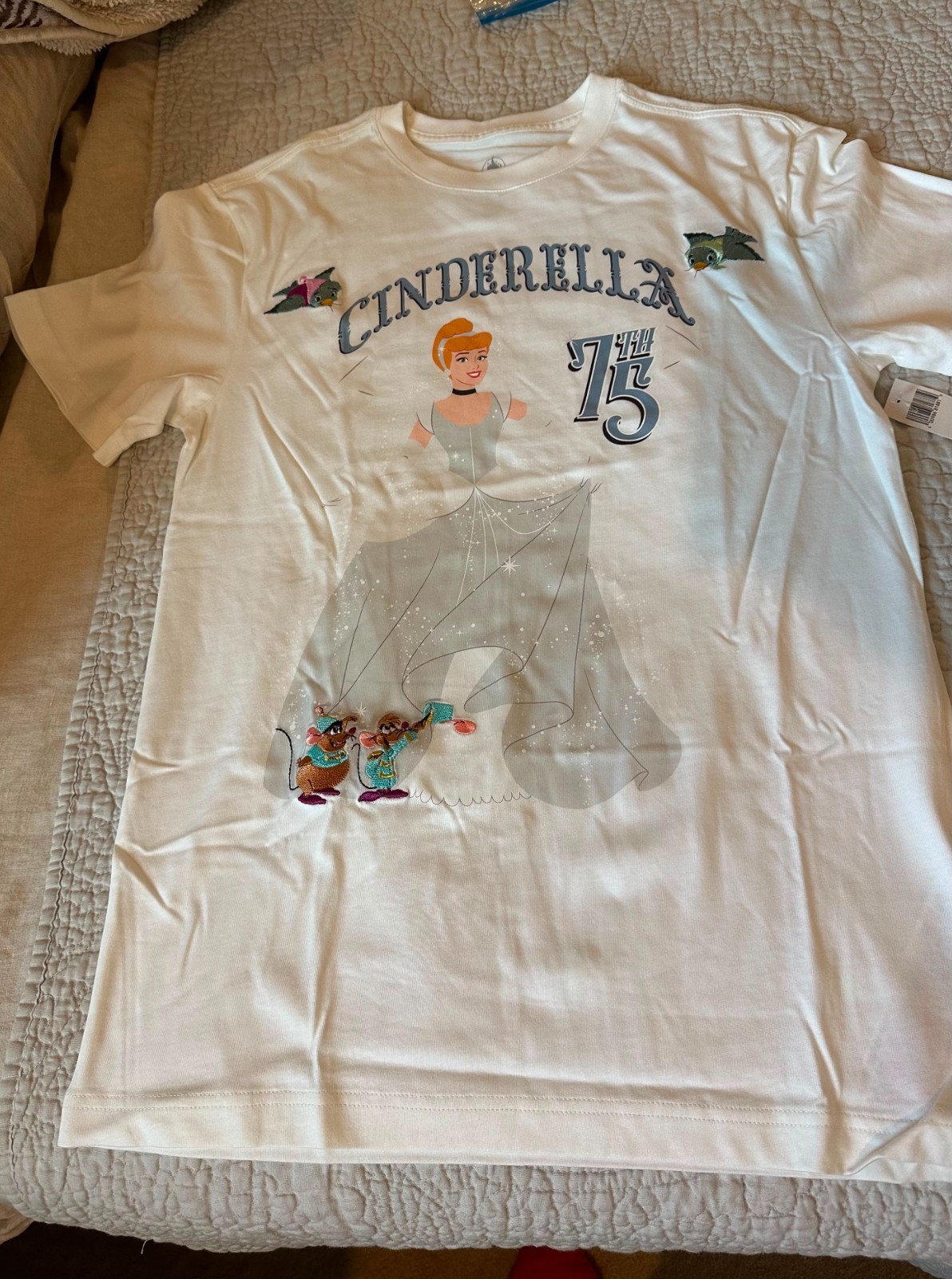 Disney Cinderella 75th Anniversary T Shirt XS Embroidered Birds Mice White - NEW