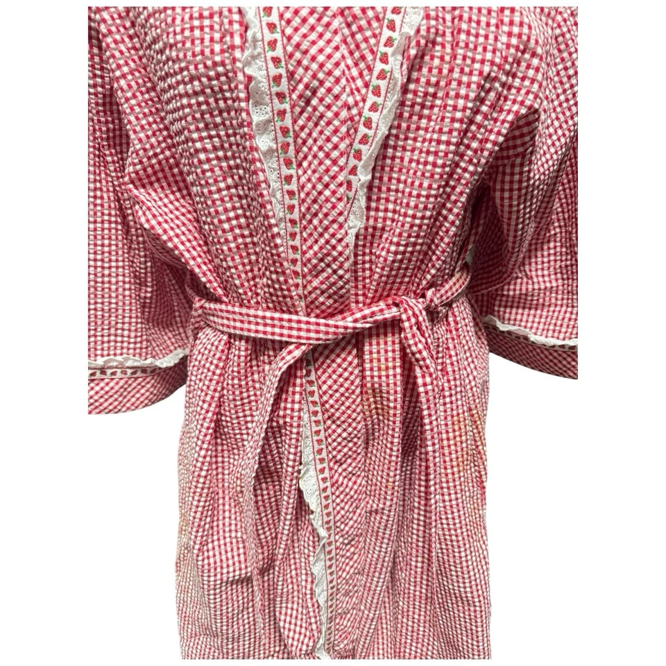 Bata de colección LANZ OF SALZBURG para mujer roja blanca guinga fresa encaje ribete grande Foto 3 de 4