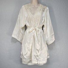 Vintage Val Mode Satin Lace Ivory Peignoir Nightgown Lingerie Robe 2pc Set Sz M