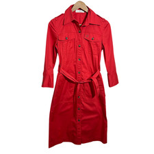 Carolina Herrera Shirt Dress 6 Red Button Front Collared Midi Cotton Stretch