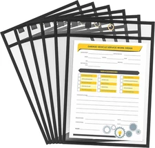 6 Pack Dry Erase Pockets - Black Plastic Sleeves for Paper - Heavy Duty Clear Sl
