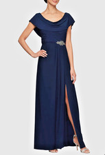 Alex Evenings Cowl Neck Beaded Waist Gown Dress  Sz 12P 199 navy 1887