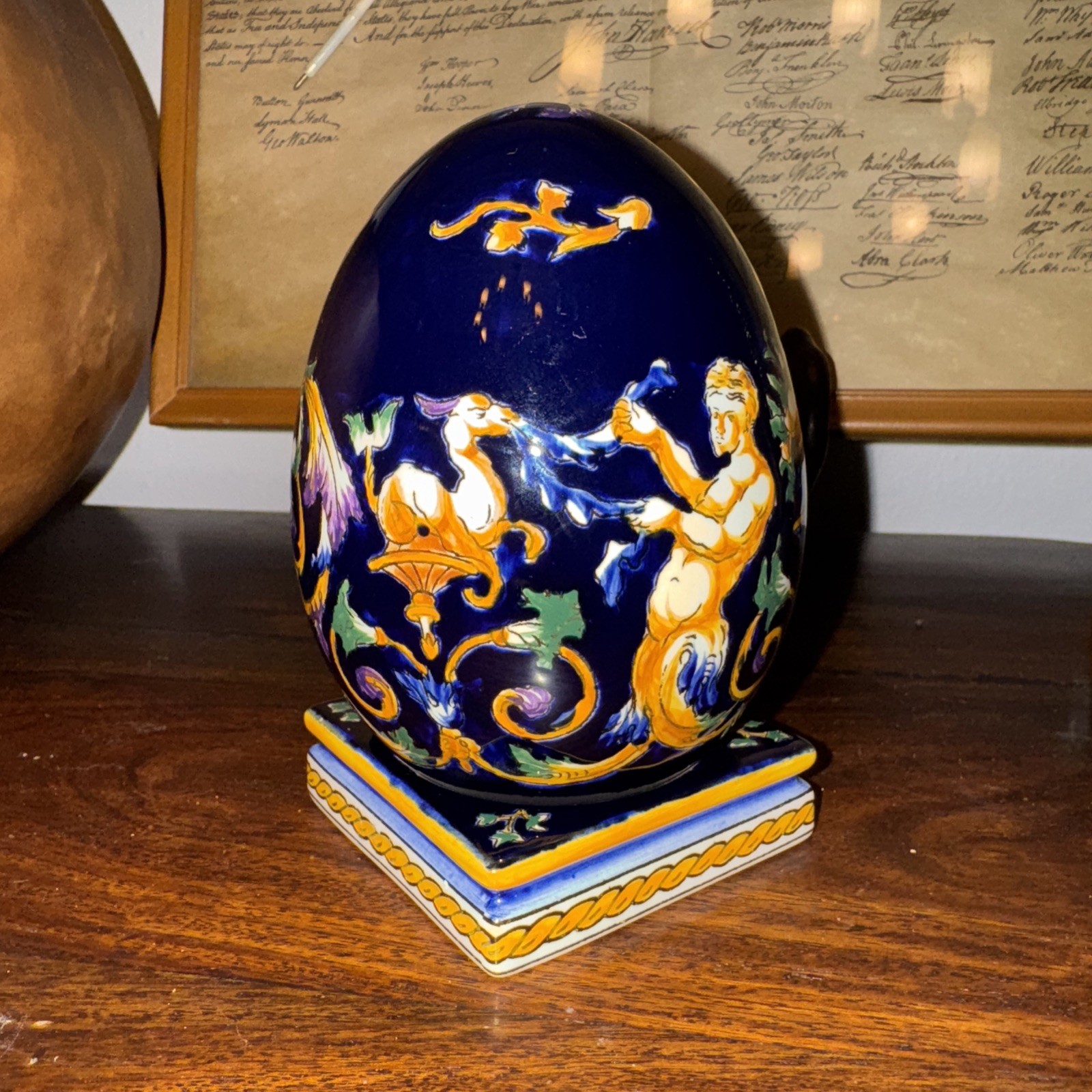 RARE Gien France Faience Standing Egg With Base Renaissance Style 5.5” Signed