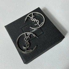 YSL Yves Saint Laurent Logo Silver Earrings with Box