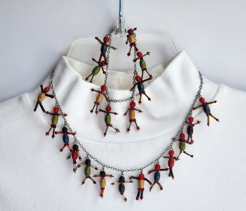 Antique Necklace Bracelet Set Wooden Beaded People Multicolor 1930's Teacher Mom