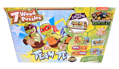 7 Wood Puzzles + Storage Box Teenage Mutant Ninja Turtles HALF SHELL HEROES -NEW