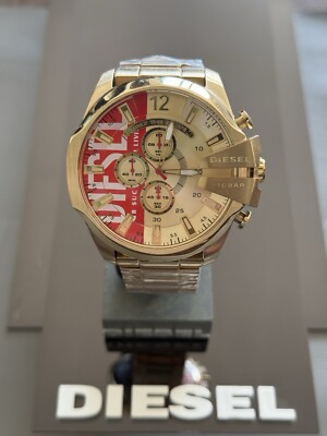 DIESEL Mega Chief Mens Chronograph Watch DZ4642 Gold & Red Logo Dial Stainless