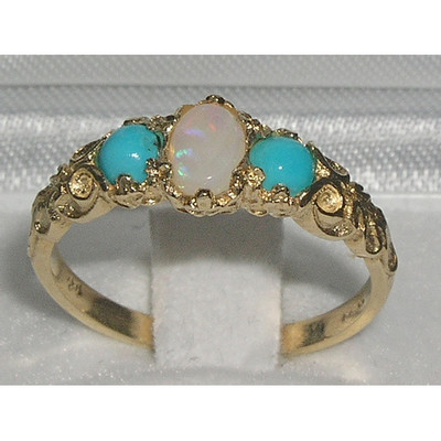 10k Gelbgold natürlicher Opal & Türkis Damen Trilogie Ring-Größe 4 bis 12