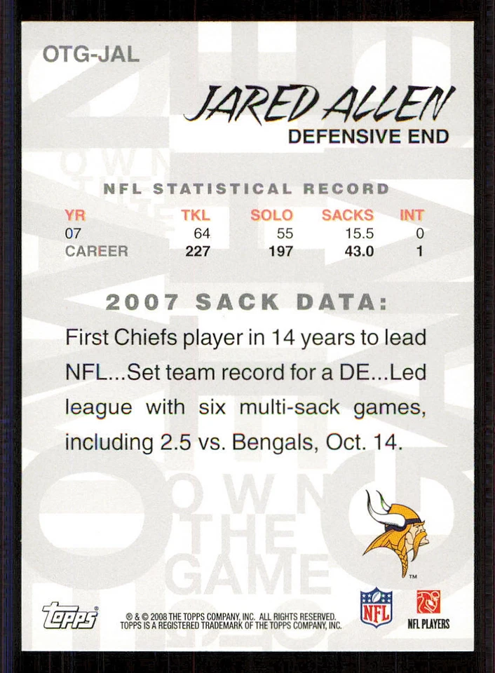 2008 Topps Own The Game #OTGJAL Jared Allen - Image 2 of 2