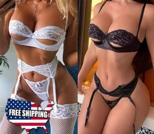 Sexy Lingerie Pajamas Lace Underwear Babydoll Nightgown Bodysuit w/Garter Belt