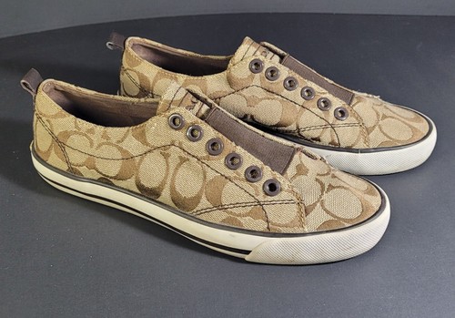 Coach Signature C Sneakers Size 6.5 B Summer Textile Khaki Chestnut Slip On - Picture 11 of 12