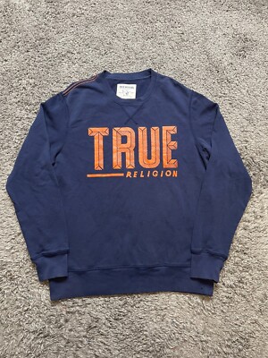 True Religion Sweater Mens Large Blue Orange Long Sleeve