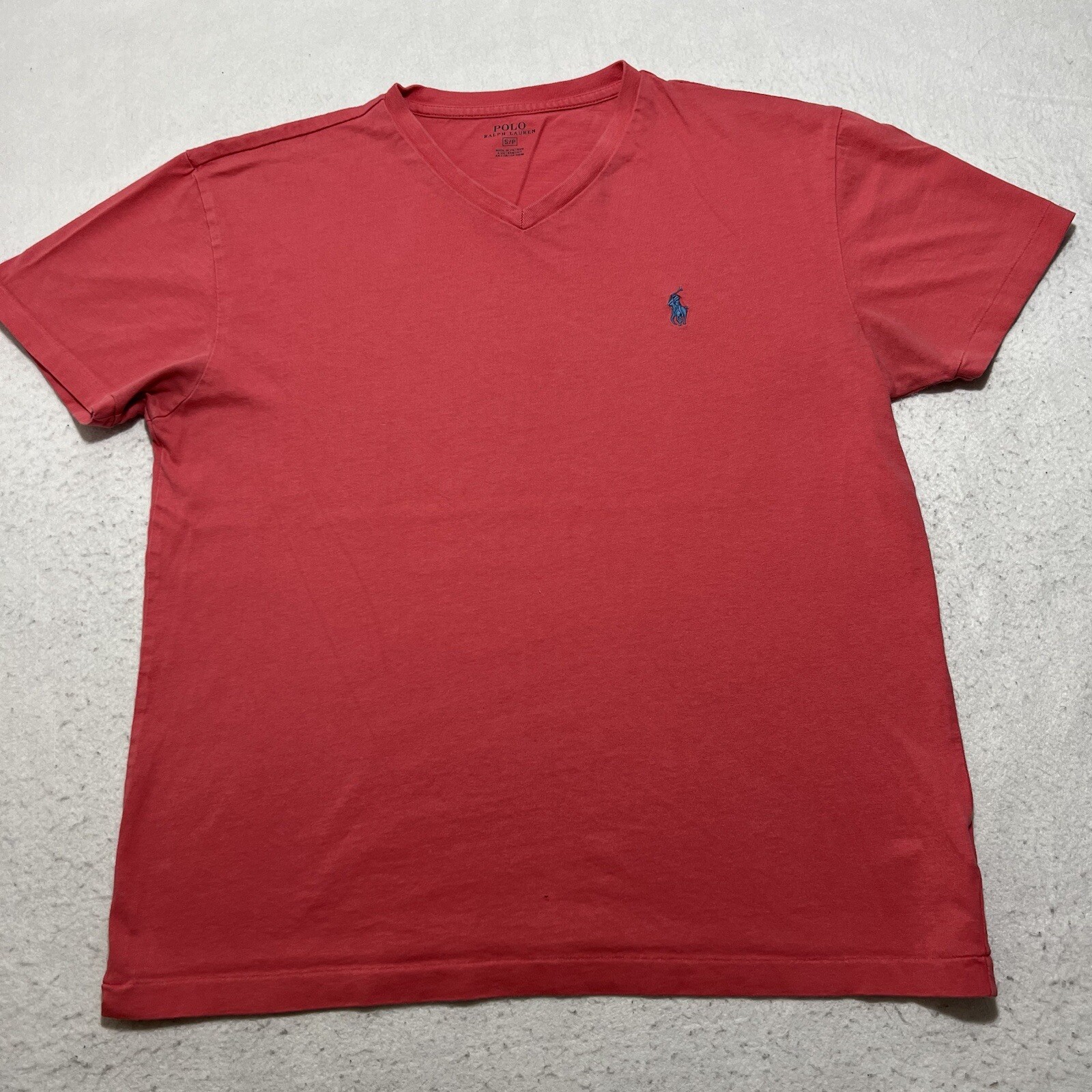 Polo Ralph Lauren Men's Small V Neck Short Sleeve Coral Pink T Shirt Blue Pony