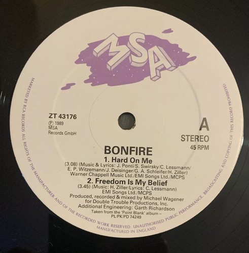 Bonfire ' Hard On Me' 12" Vinyl Single RCA Records Vg+ Con - Picture 3 of 4