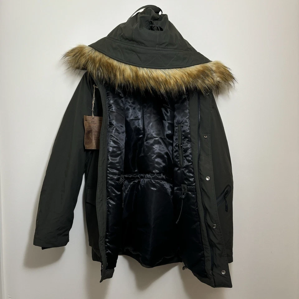 Vintage NWT Schott Nyc Goose Down Puffer Jacket Fur Hood S Military Green Coat - Image 3 of 4