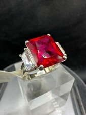 Ruby three stone ring emerald cuts sterling silver .925 stamped cz