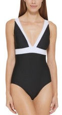 DKNY Womens NWT Size 8 Black White Trim Plunge Colorblock One-Piece Swimsuit