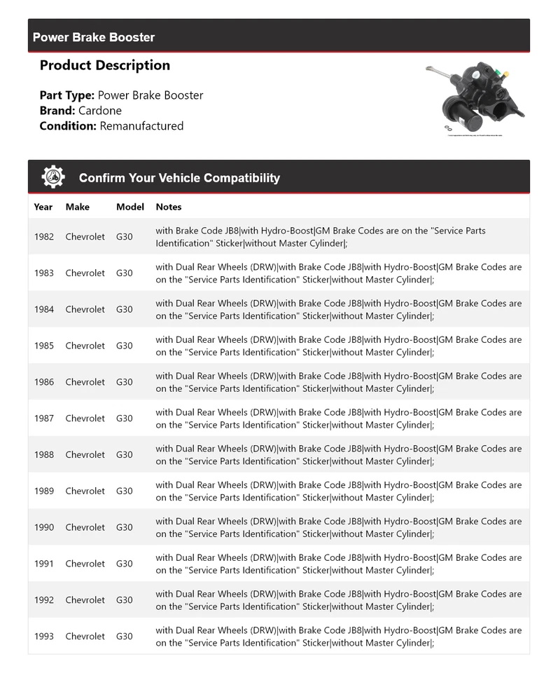 For 1982-1993 Chevrolet G30 Power Brake Booster Cardone 1983 1984 1985 1986 1987 - Image 2 of 4