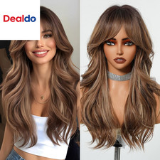 Long Wavy Wig with Bangs, Light Brown Ombre Synthetic Hair, Layered Cut, 26 Inch