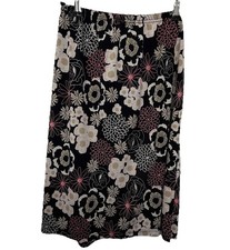 BLACK FLORAL PRINT ELASTIC WAISTBAND MIDI SKIRT, SIZE M, WAIST 28, LENGTH 24.5