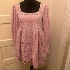 LoveShackFancy Pink Embroidered Babydoll Midi Dress Coquette Girl Romantic Boho