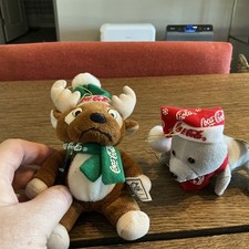 2 Coca-Cola Plush Reindeer Seal Stocking hanging Christmas Ornaments Rare 1998