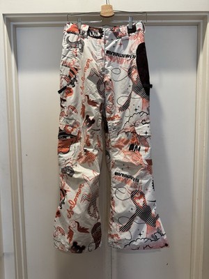 VTG Y2K Salomon Snow Pants Women XS White Brown Insulated Snowboard AOP